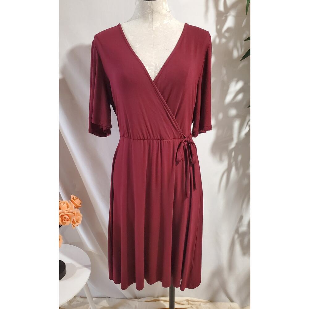 NWT Old Navy Bell Sleeve V-Neck Faux Wrap Dress Size L Wine Red Stretch Side Tie